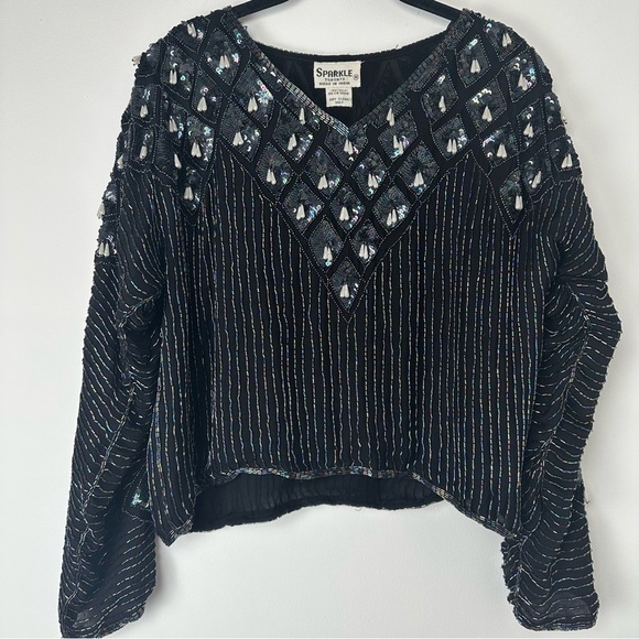 Sparkle Toronto Vintage Top Size Medium Black Beaded Silk Retro Party Night Out - Picture 1 of 8
